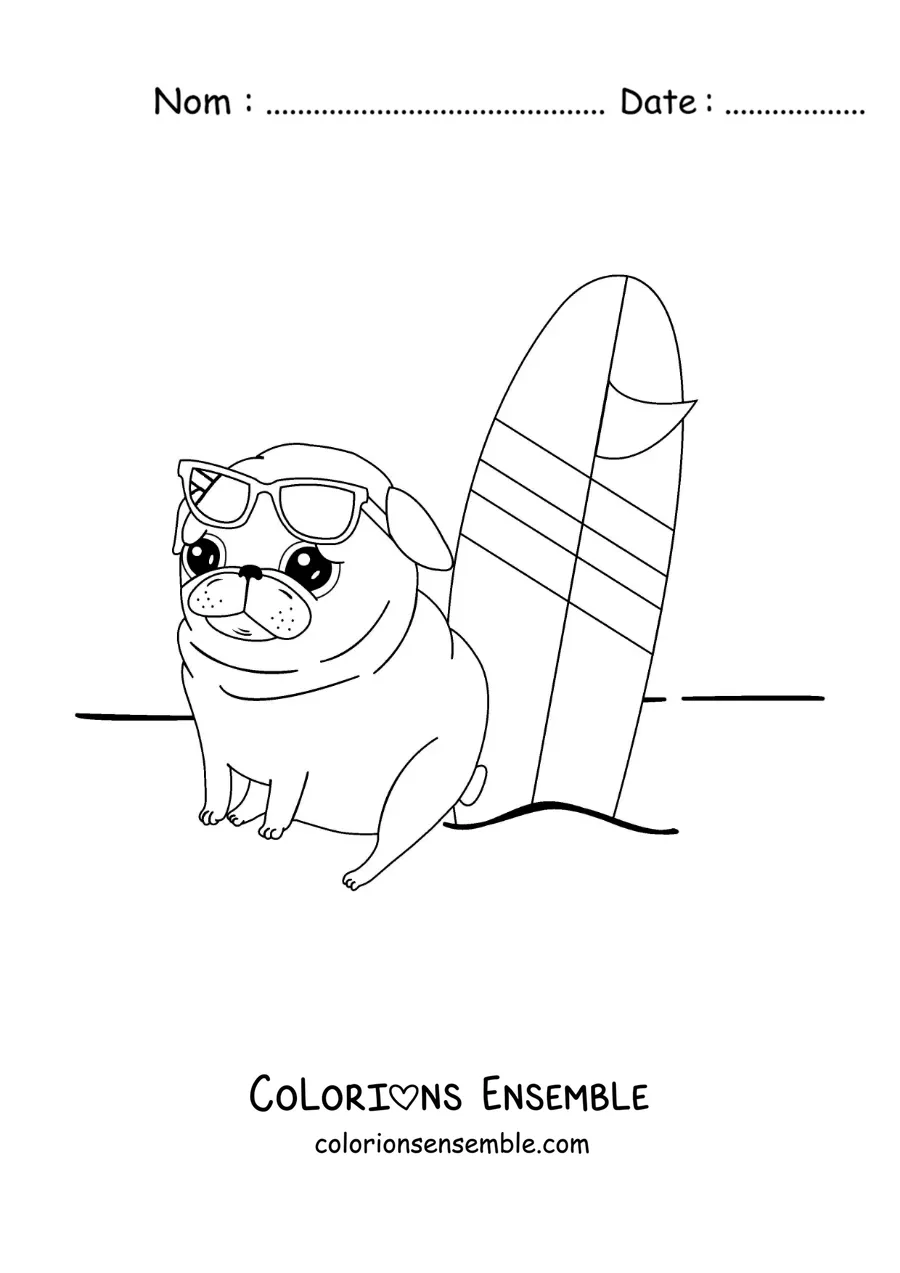 Image à colorier d’un carlin animé à côté d’une planche de surf sur le sable