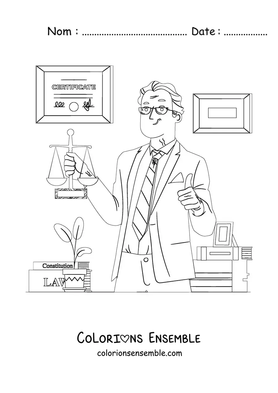 Image à colorier d'un avocat tenant une balance