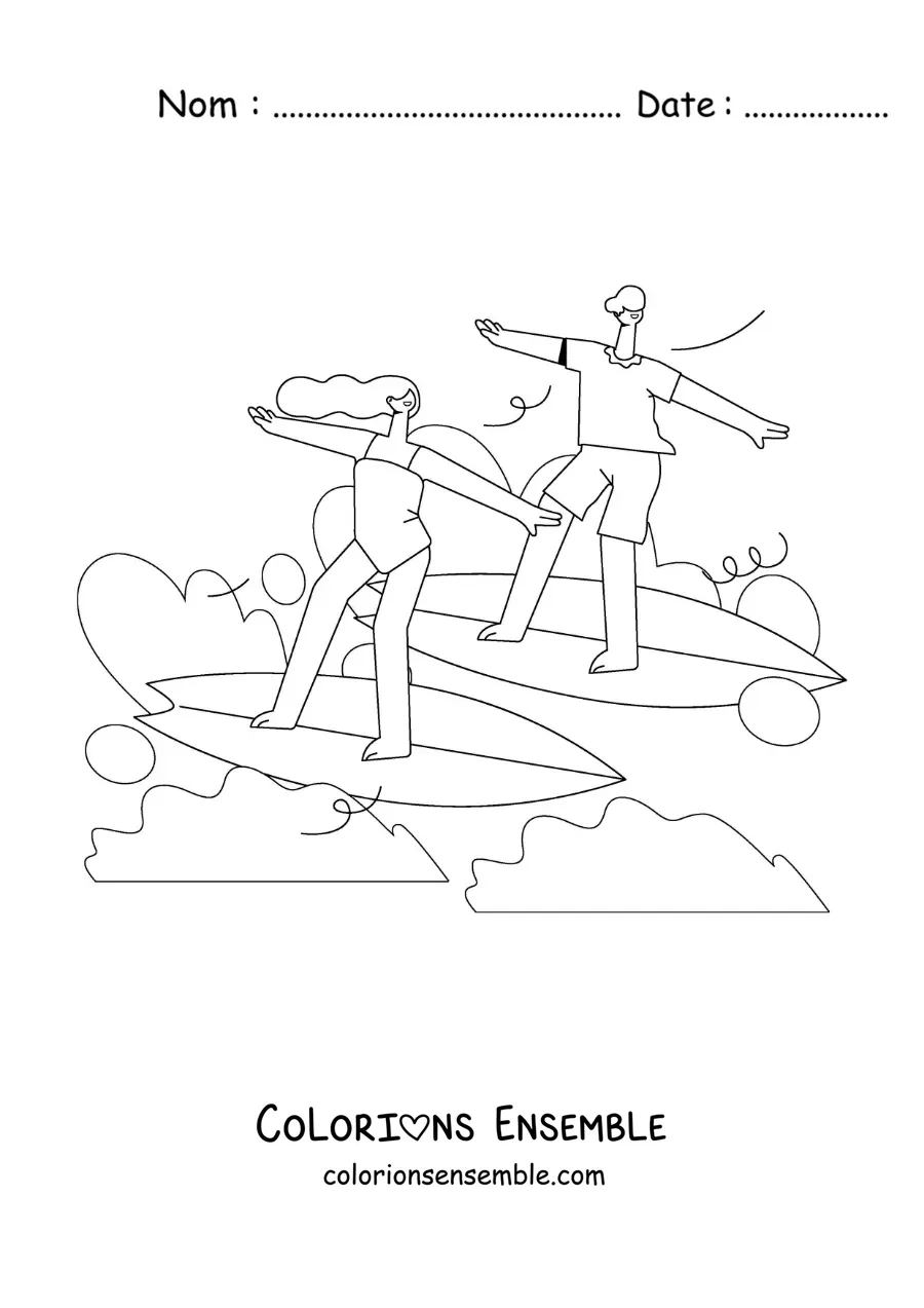 Image à colorier d’un couple en train de surfer