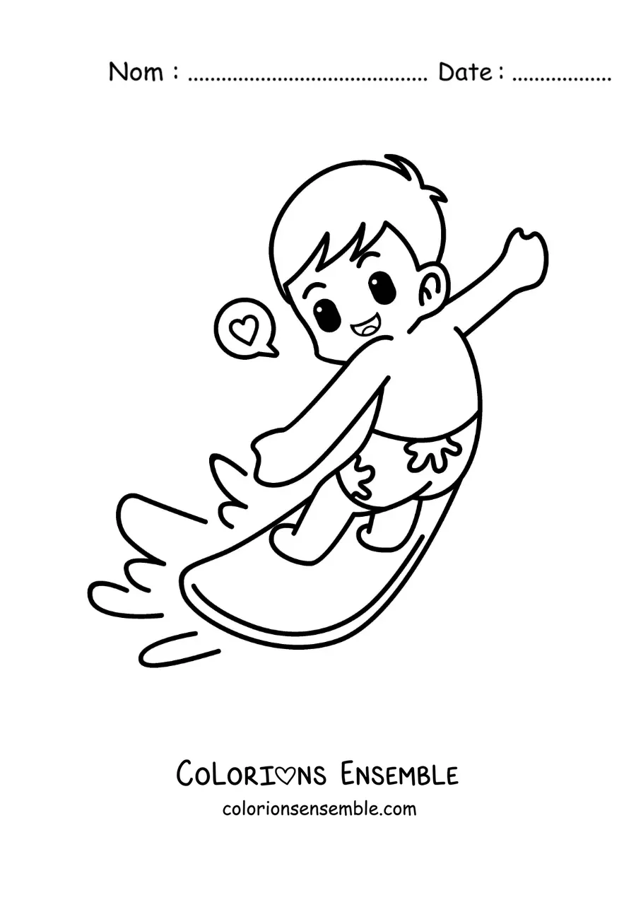 Image à colorier d’un garçon animé en train de surfer
