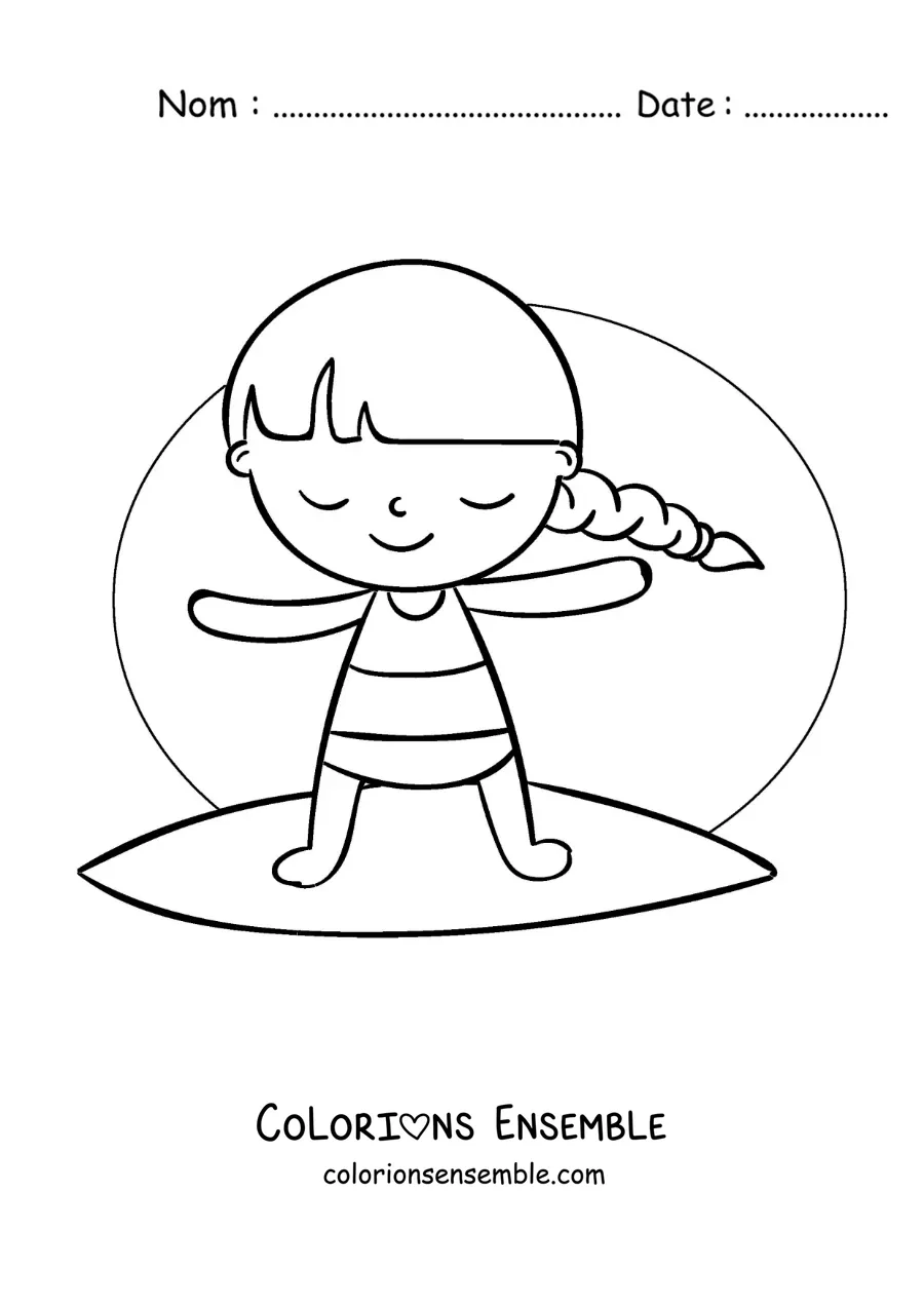 Image à colorier d’une fille animée en train de surfer