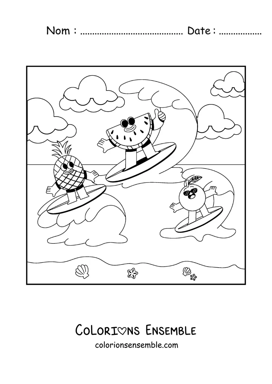 Image à colorier d’un dessin de fruits rigolos faisant du surf à la plage
