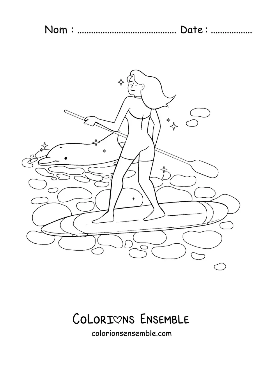 Image à colorier d’une fille pratiquant le stand-up paddle