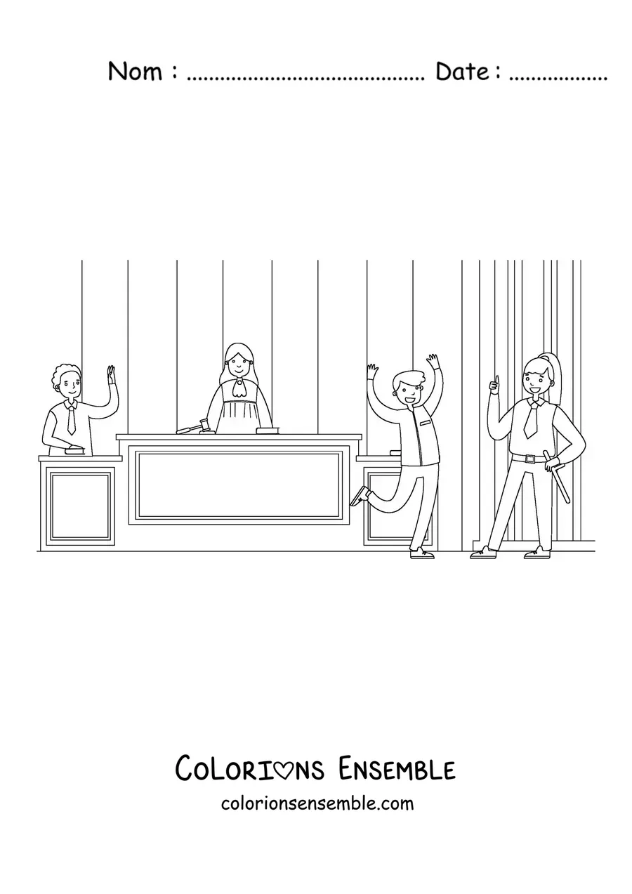 Image à colorier d'un juge et d'un avocat animés lors d'un procès