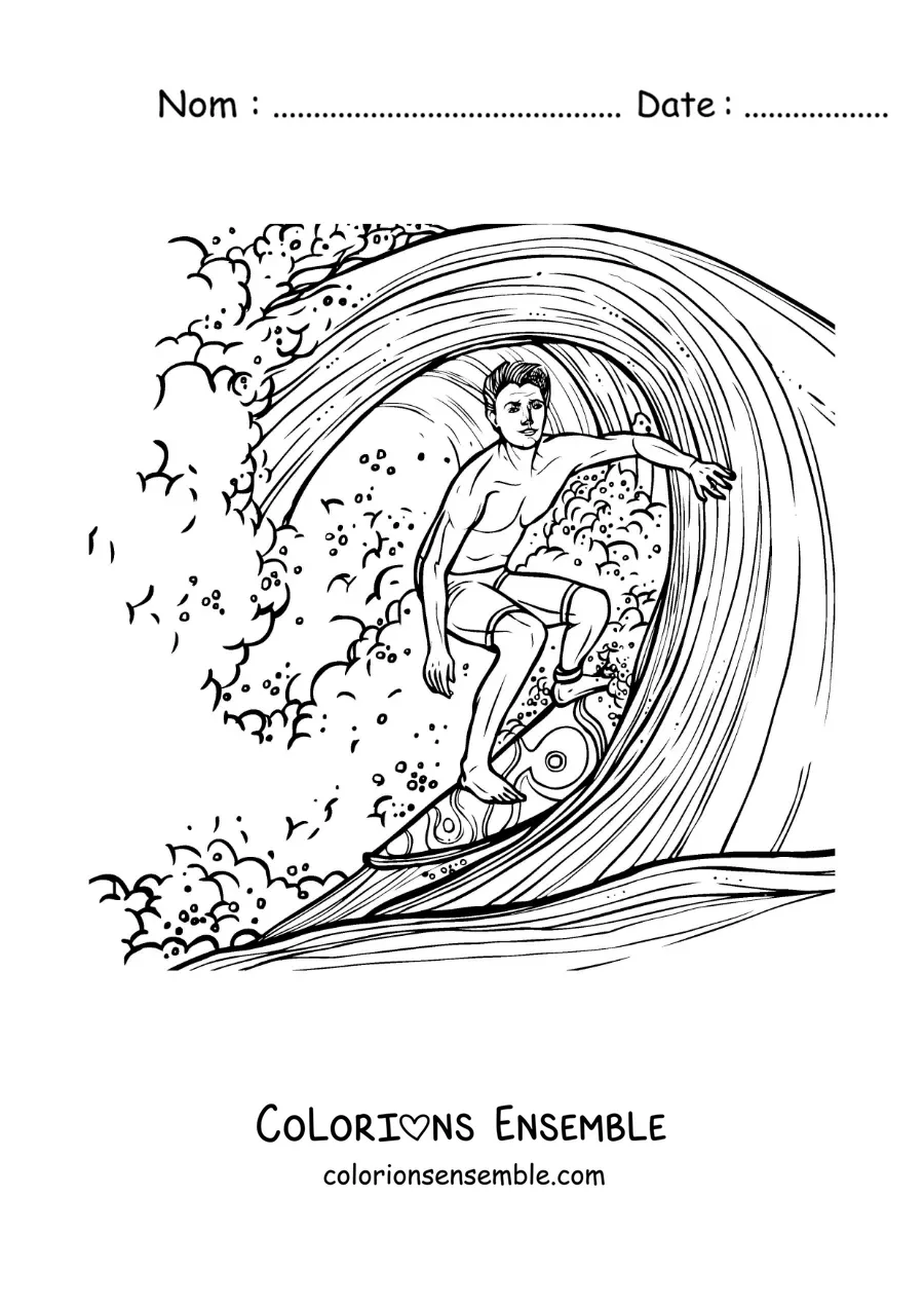 Image à colorier d’un garçon surfant sur une vague dans un style réaliste