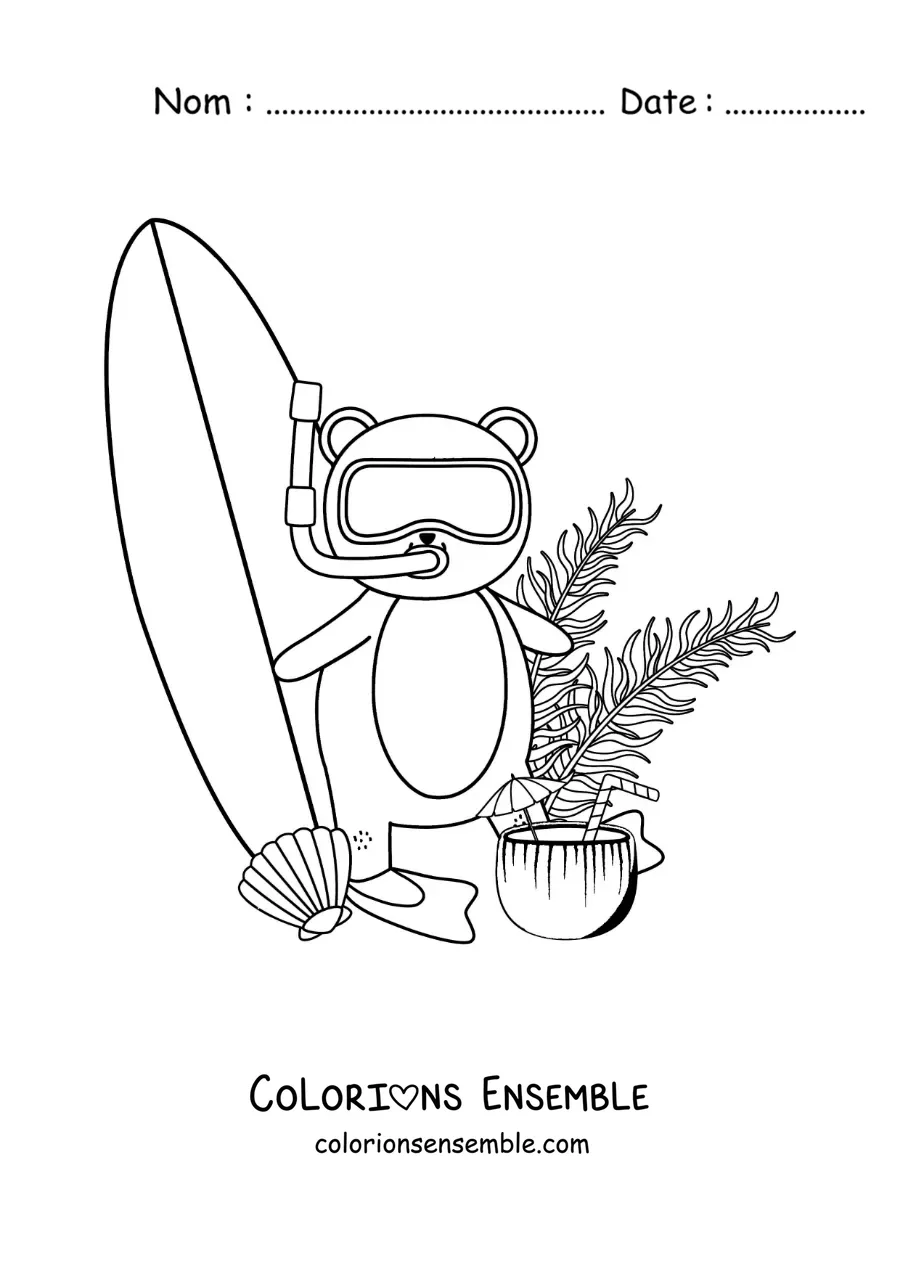 Image à colorier d’un ours surfeur rigolo