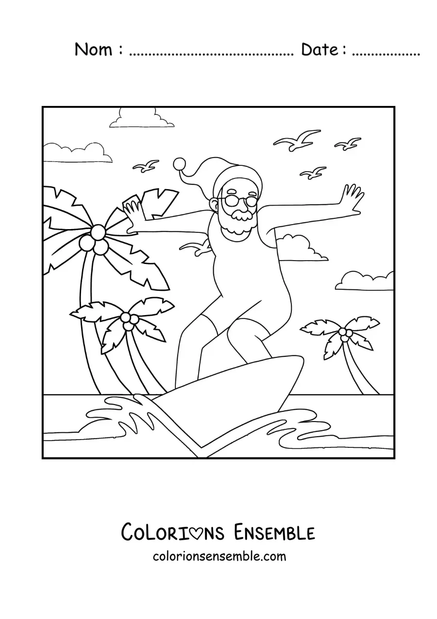 Image à colorier d’un père Noël rigolo faisant du surf à la plage