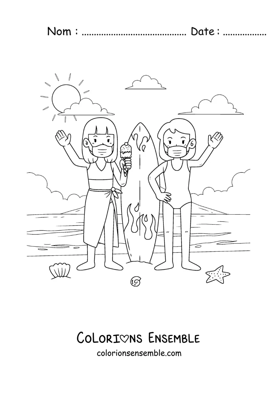 Image à colorier de deux filles à la plage avec un masque à côté d’une planche de surf