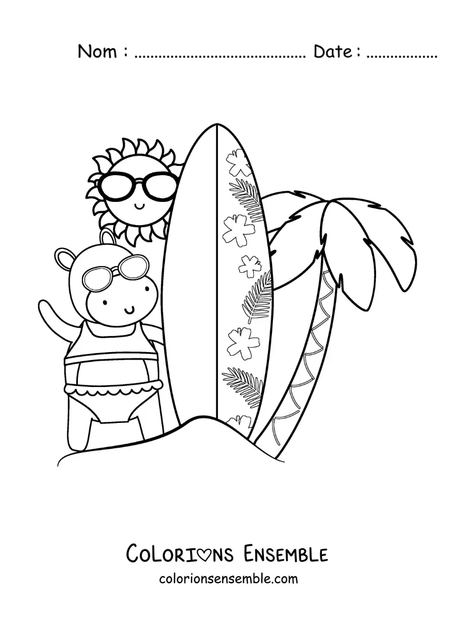 Image à colorier d’une hippopotame surfeuse rigolote à la plage