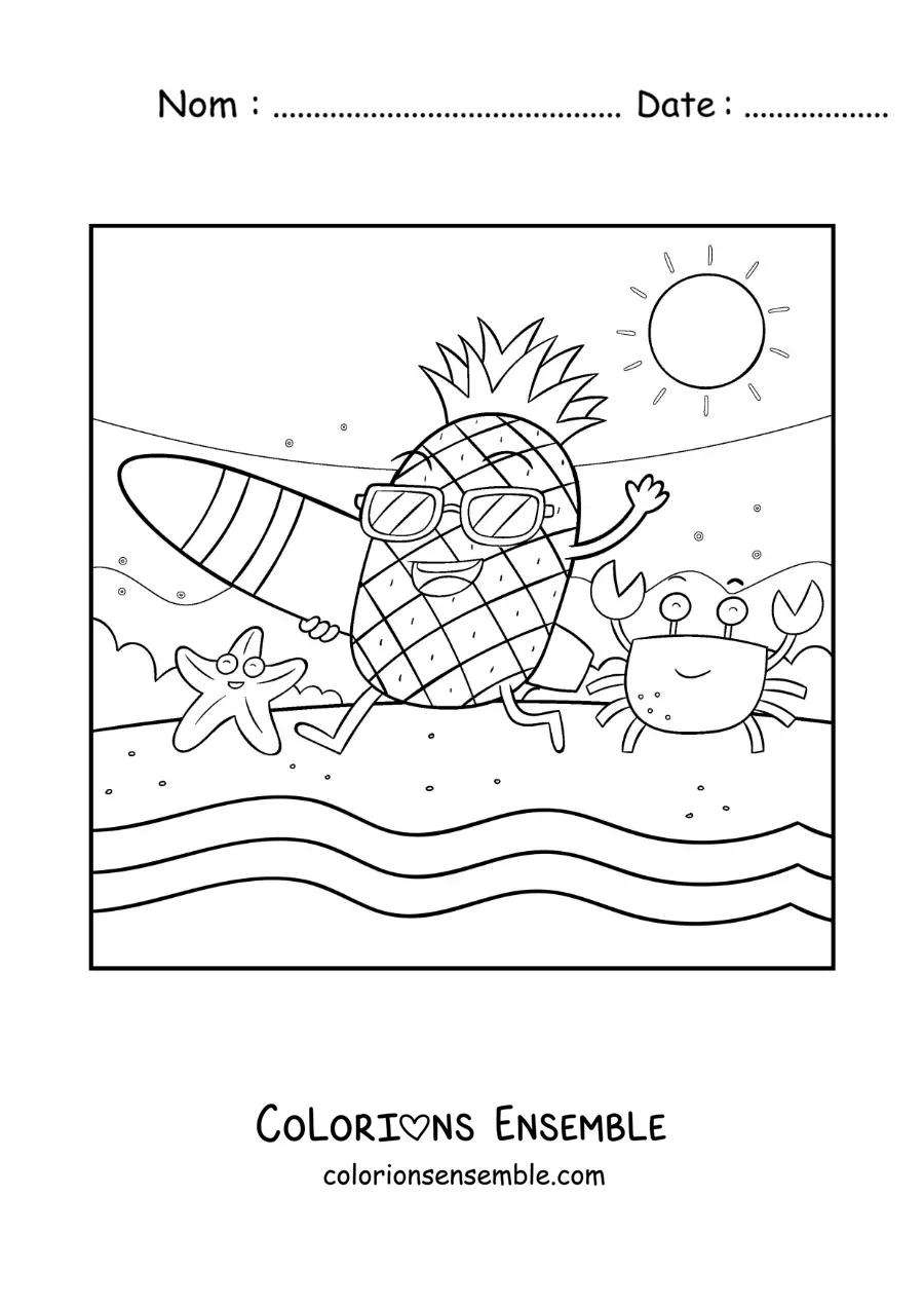 Image à colorier d’un ananas surfeur rigolo courant vers la mer à la plage