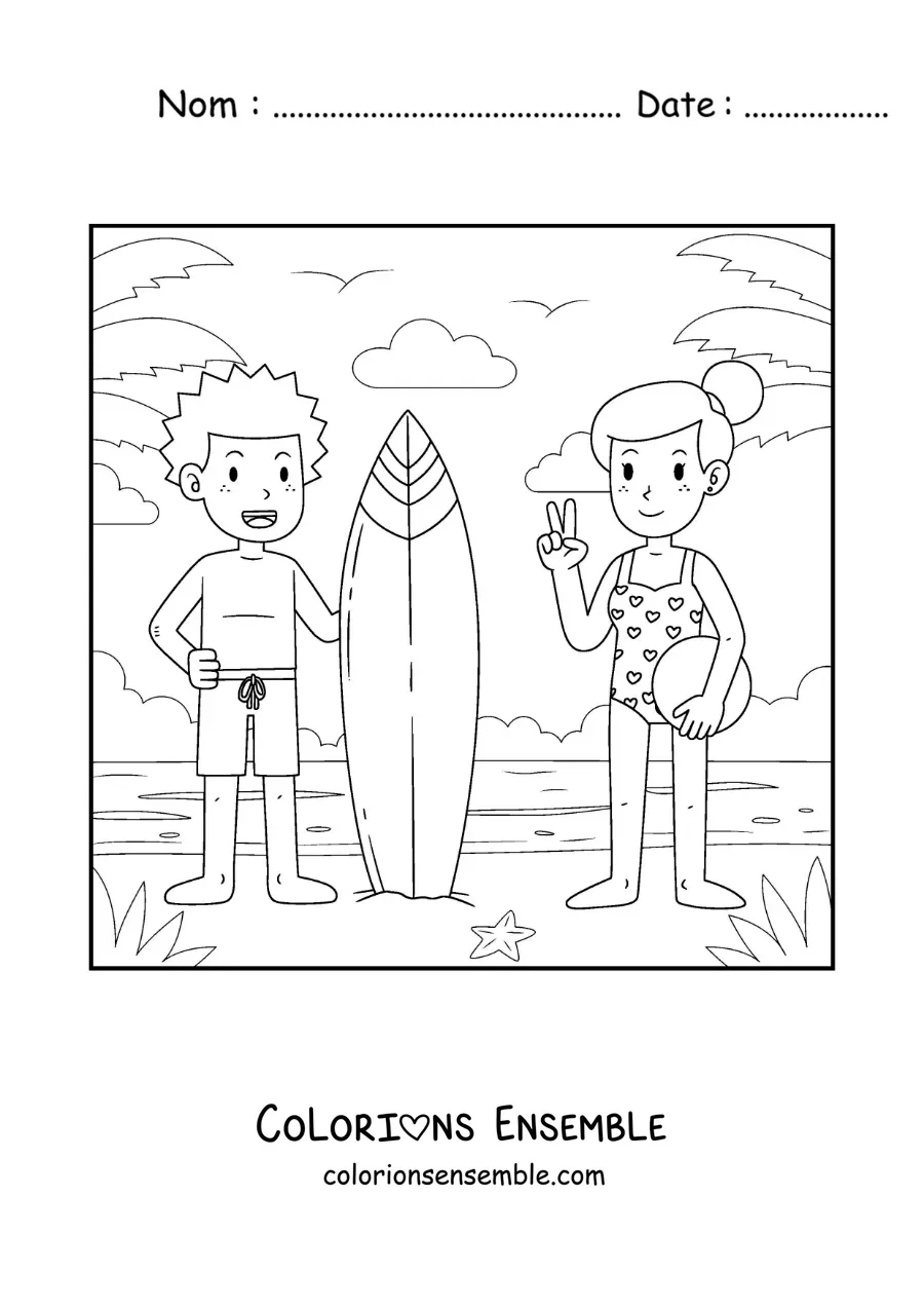 Image à colorier d’un garçon surfeur et d’une fille avec un ballon à la plage