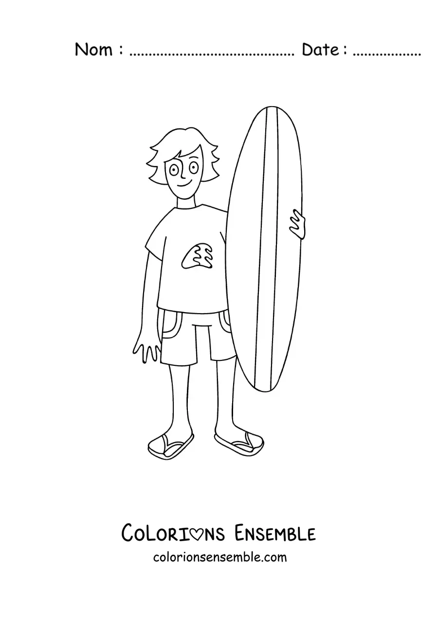 Image à colorier d’un dessin d’un garçon surfeur
