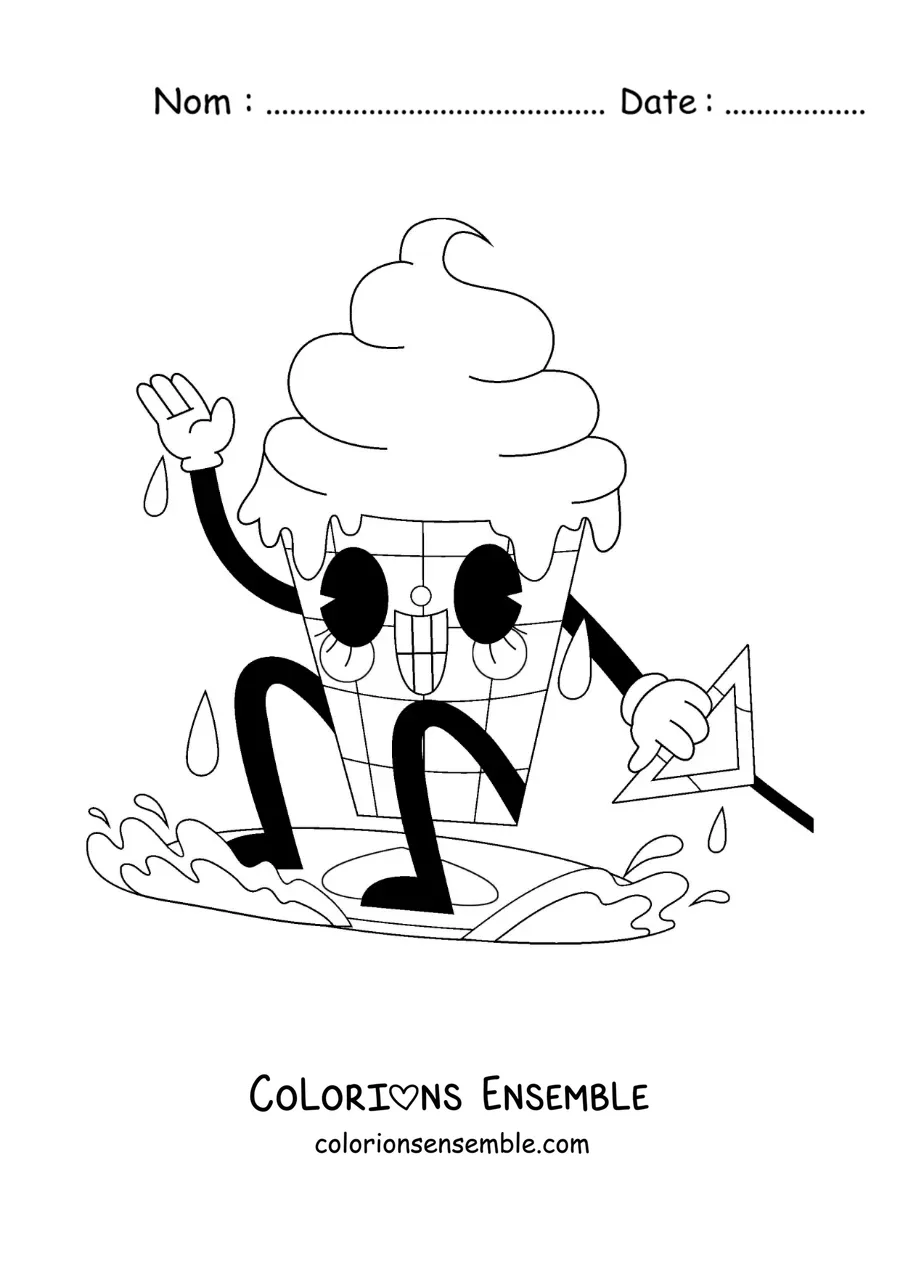 Image à colorier d’un dessin d’une glace rigolote en train de surfer