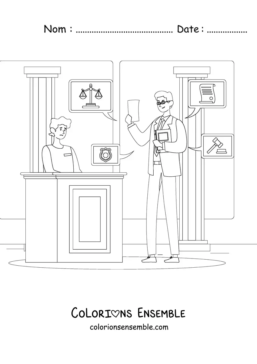 Image à colorier d'un avocat interrogeant lors d'un procès