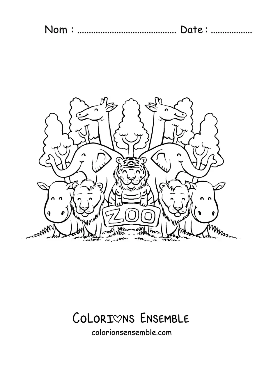 Image à colorier d’un zoo avec tous ses animaux rigolos