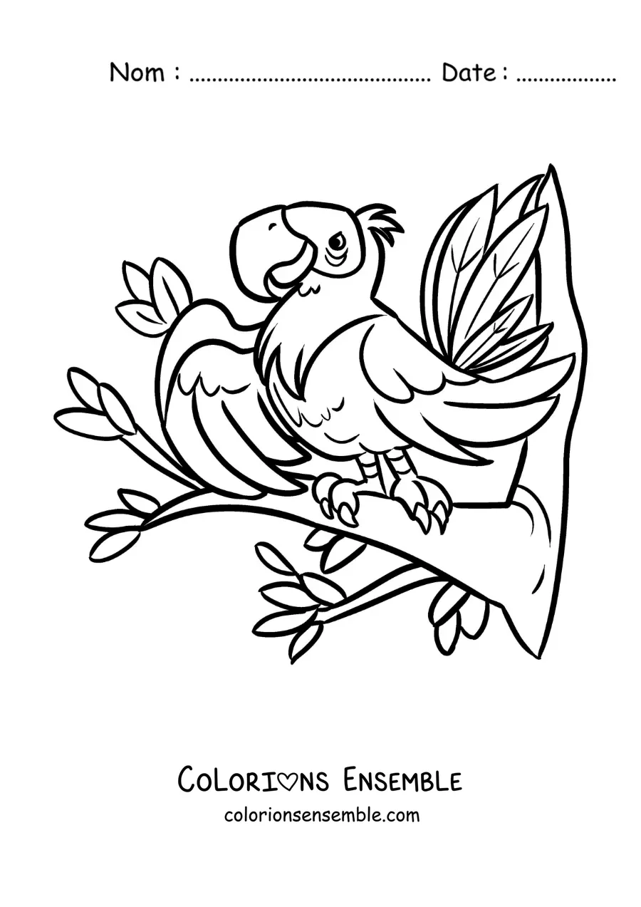 Image à colorier d’un ara de zoo rigolo dans un arbre