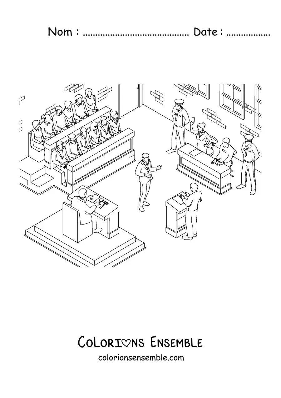 Image à colorier d'une scène avec un juge et un avocat lors d'un procès