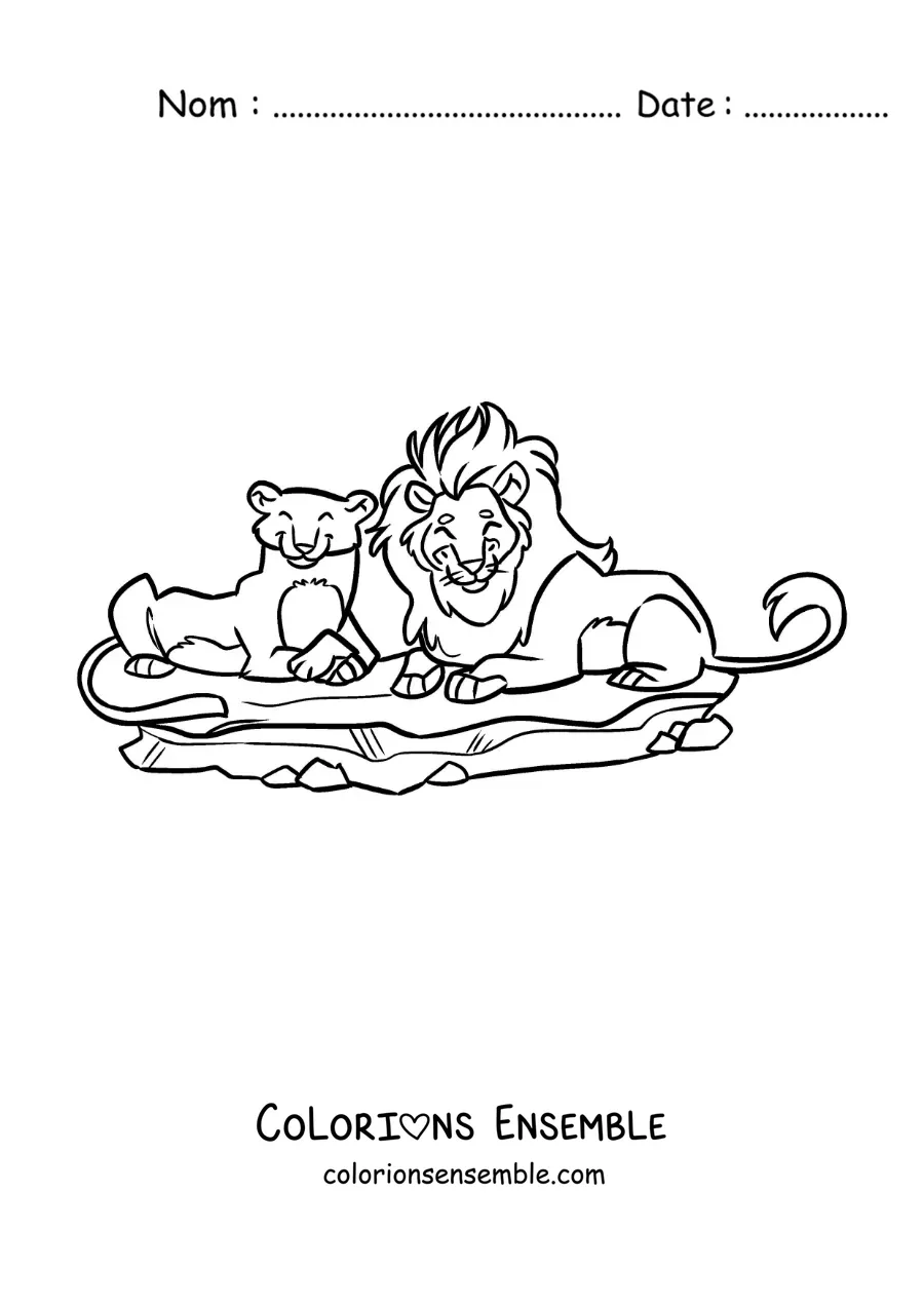 Image à colorier d’un couple de lions de zoo rigolos couchés