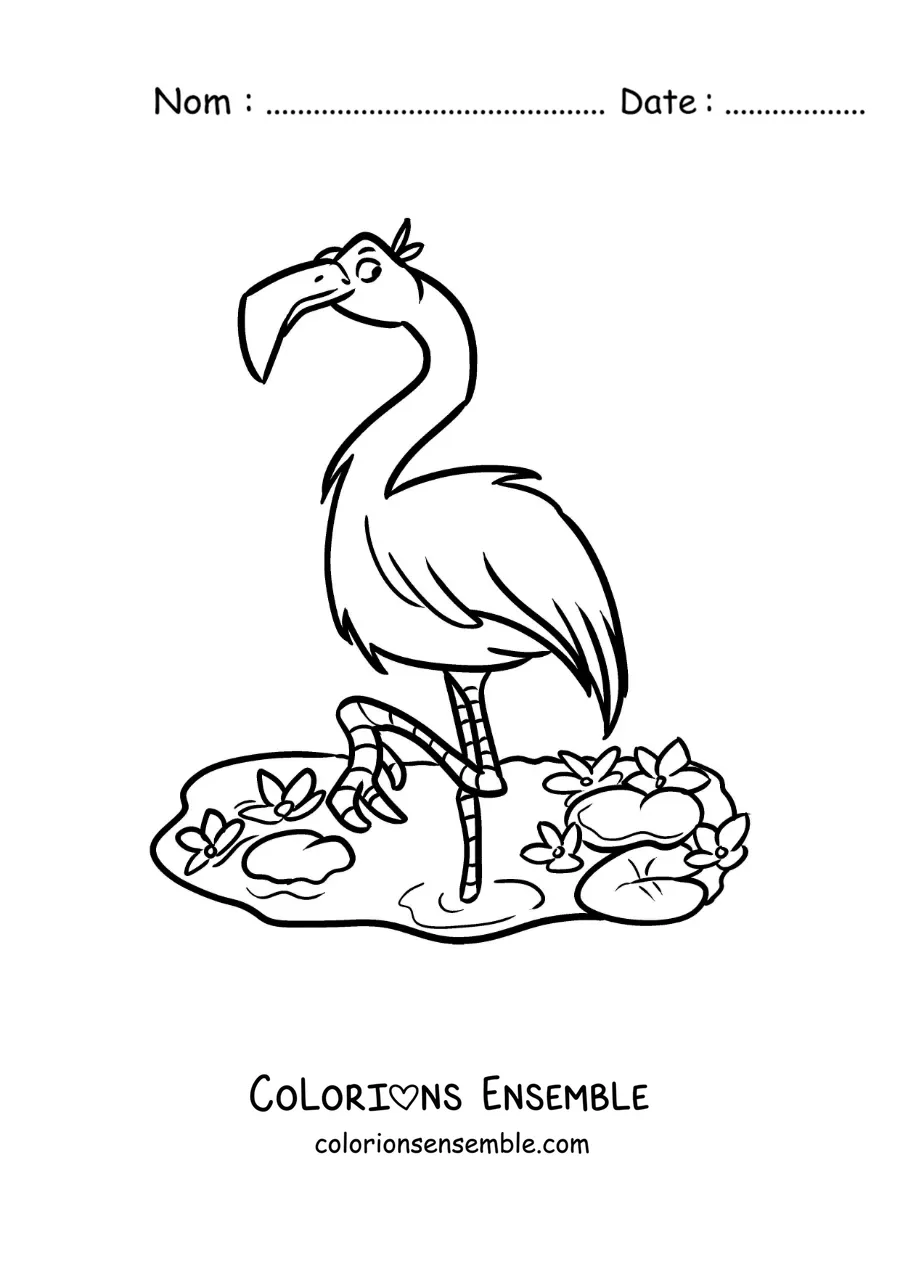 Image à colorier d’un flamant rose de zoo rigolo dans un étang