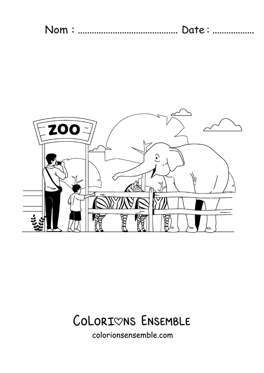 Image à colorier d’un garçon et de son père visitant le zoo