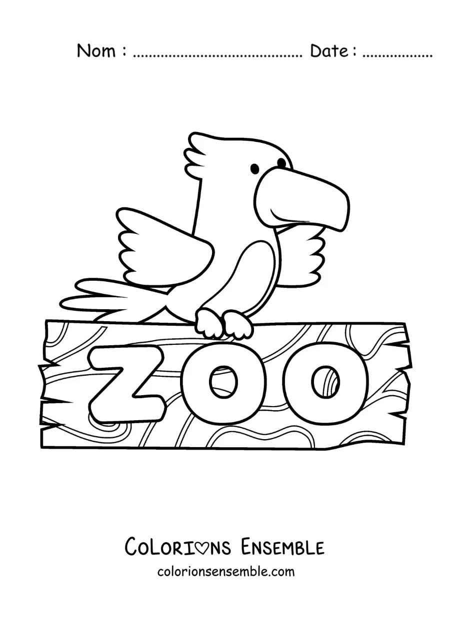 Image à colorier d’un dessin d’un oiseau perché sur un panneau de zoo