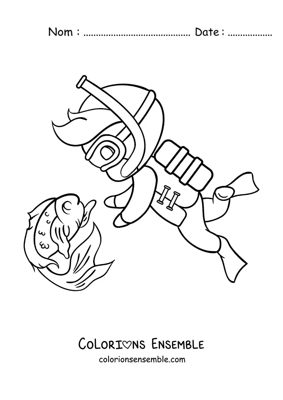 Image à colorier d’un garçon plongeant à côté d’un poisson rigolo