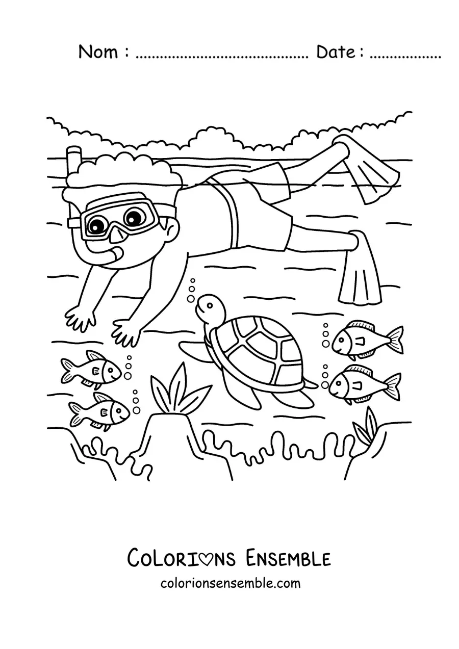 Image à colorier d’un garçon plongeant au fond de la mer avec des poissons et une tortue