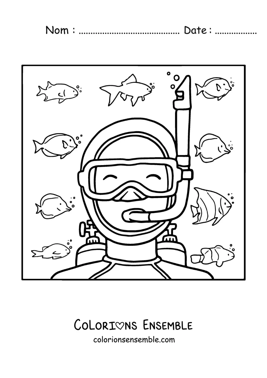 Image à colorier d’un plongeur au fond de la mer entouré de poissons
