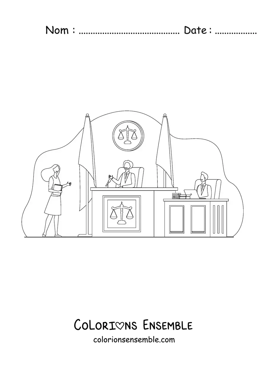 Image à colorier d'un avocat devant un juge lors d'un procès