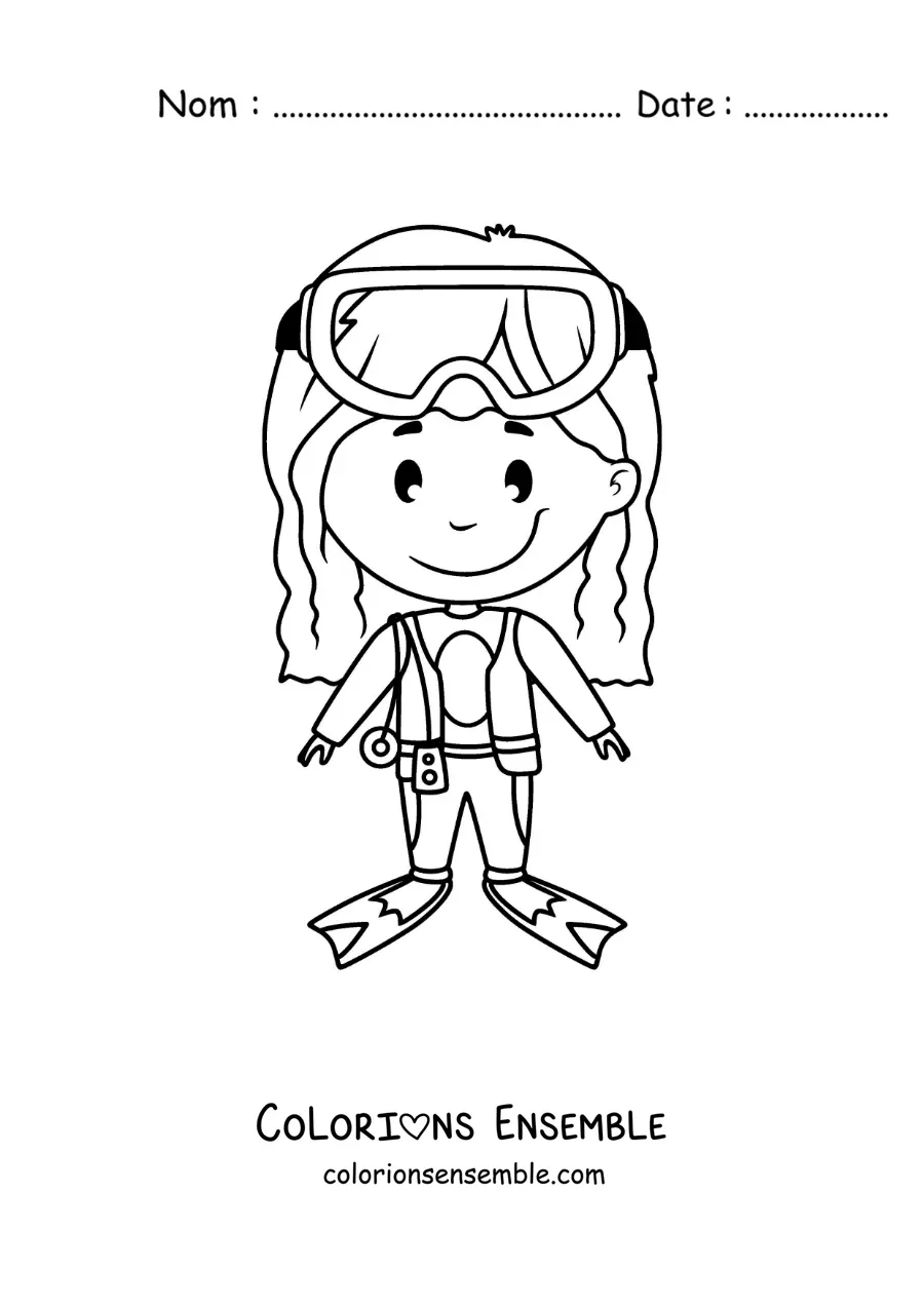 Image à colorier d’une fille avec un équipement de plongée