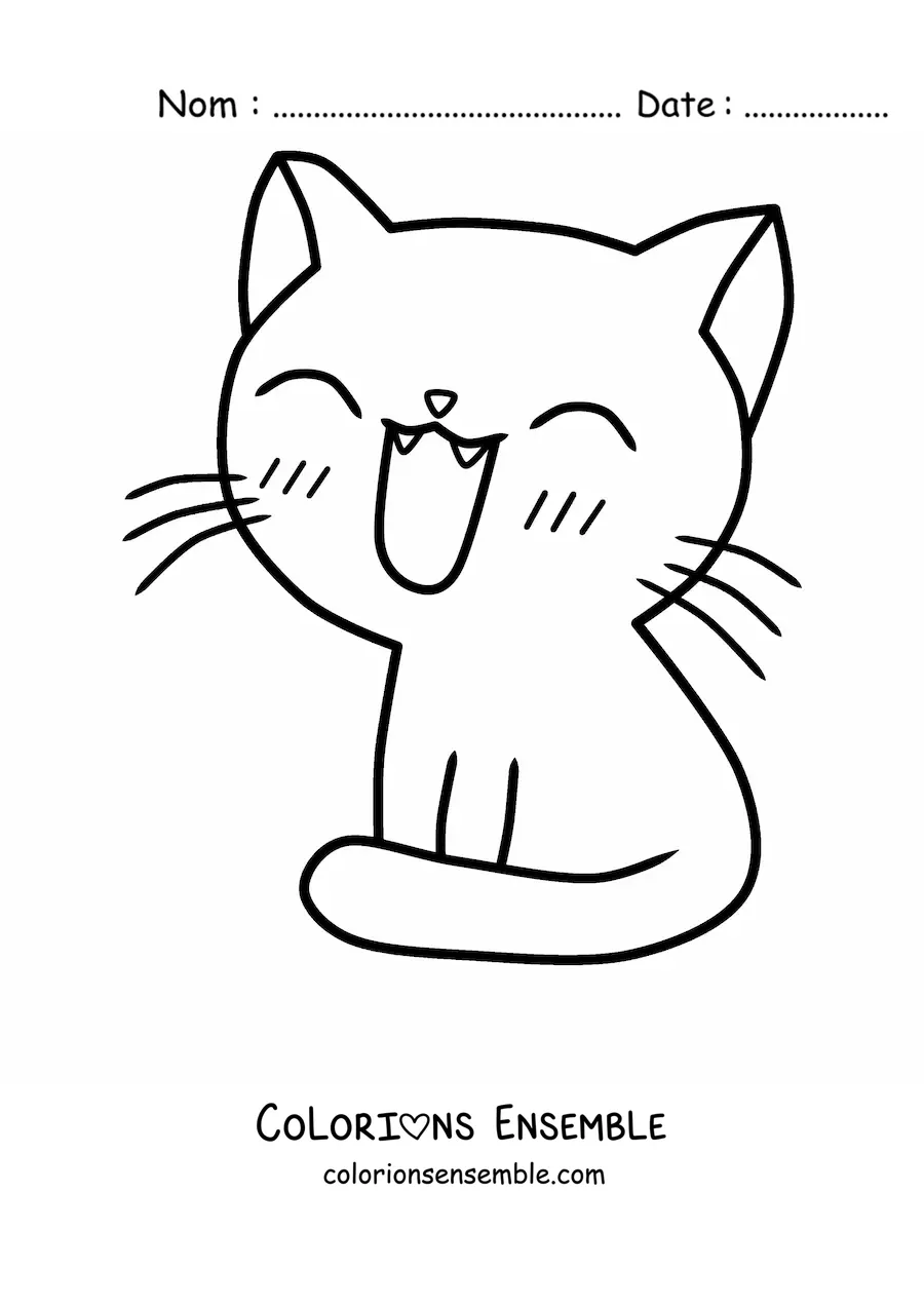 Image à colorier d’un chat kawaii assis qui sourit
