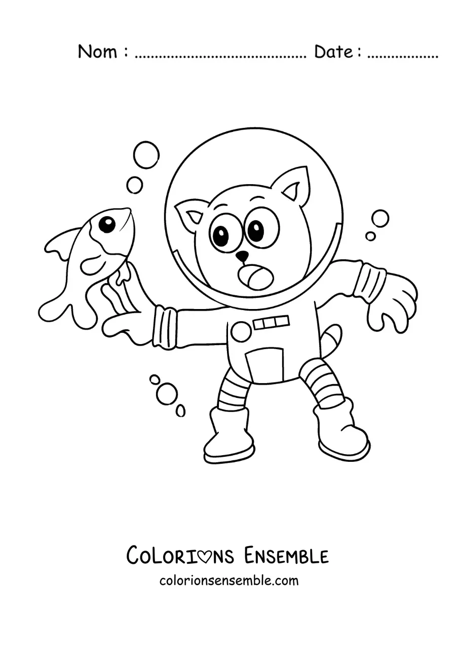 Image à colorier d’un chat rigolo plongeant et attrapant un poisson