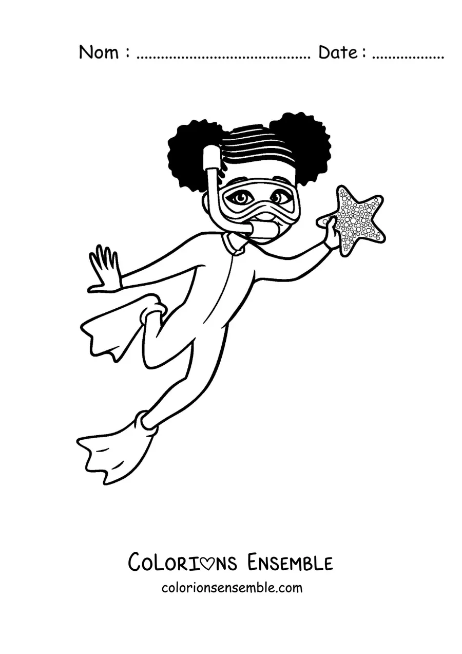 Image à colorier d’une fille plongeant et trouvant une étoile de mer