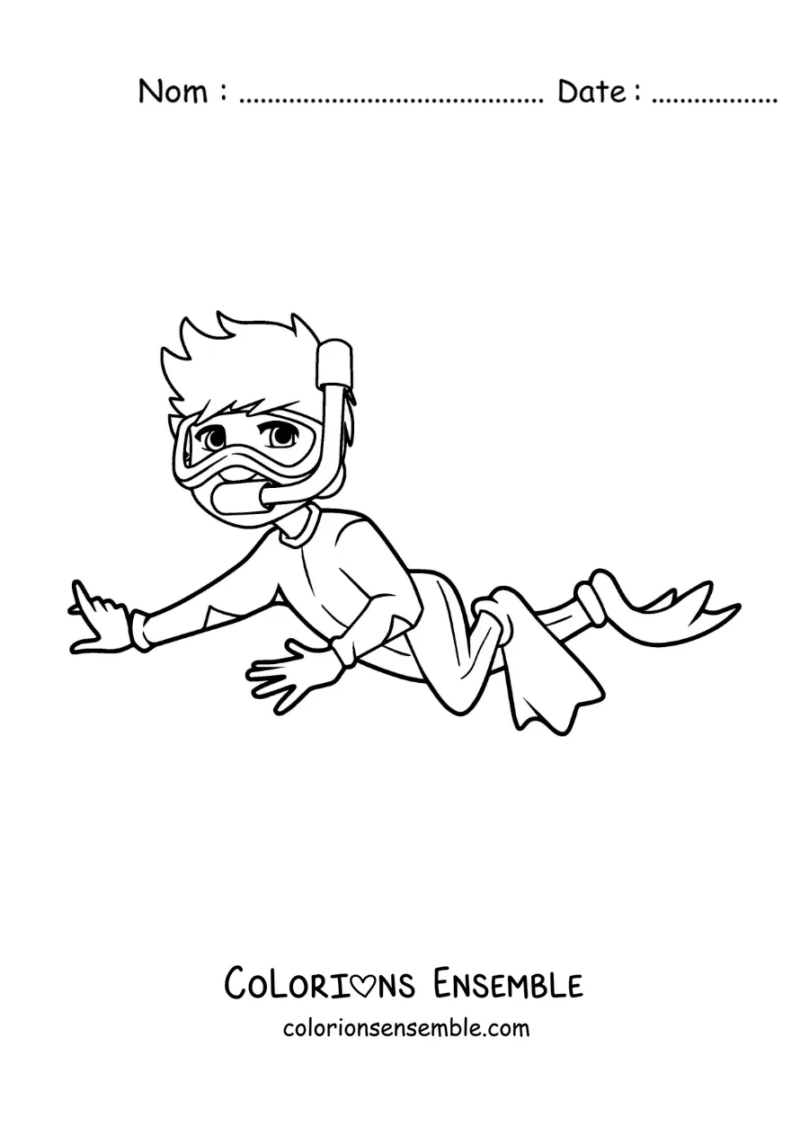 Coloriage d'un petit garçon qui plonge avec des palmes et un tuba