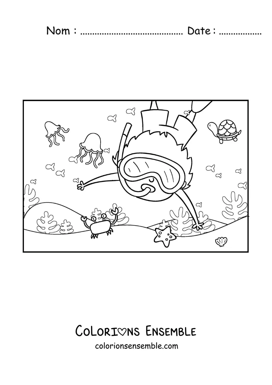 Image à colorier d’un garçon plongeant au fond de l’océan avec des crabes et des méduses