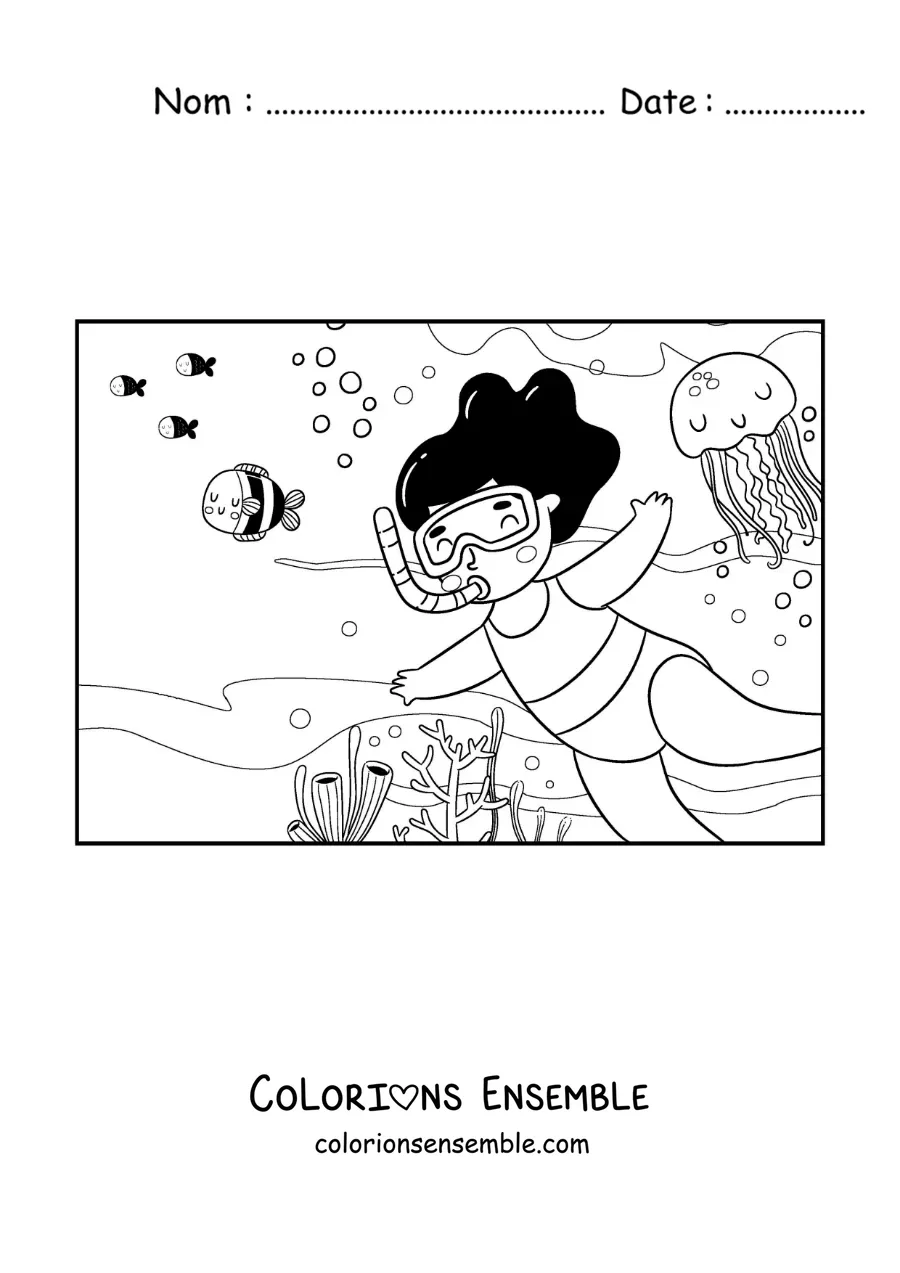 Image à colorier d’une fille plongeant au fond de l’océan avec des poissons et des méduses