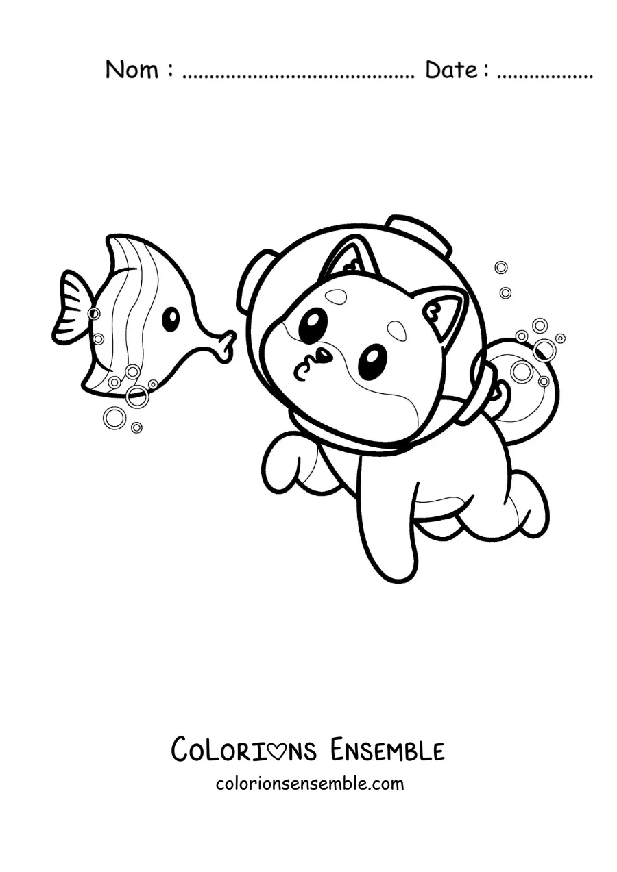 Image à colorier d’un chien rigolo avec un casque plongeant avec un poisson
