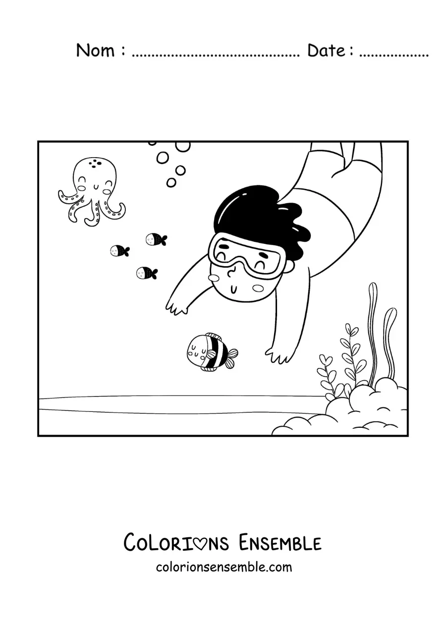 Image à colorier d’un garçon plongeant au fond de la mer avec des poissons et des pieuvres