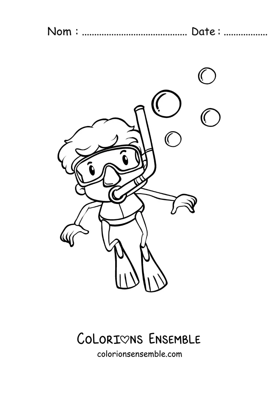 Coloriage d'un garçon qui plonge avec un tuba et des palmes