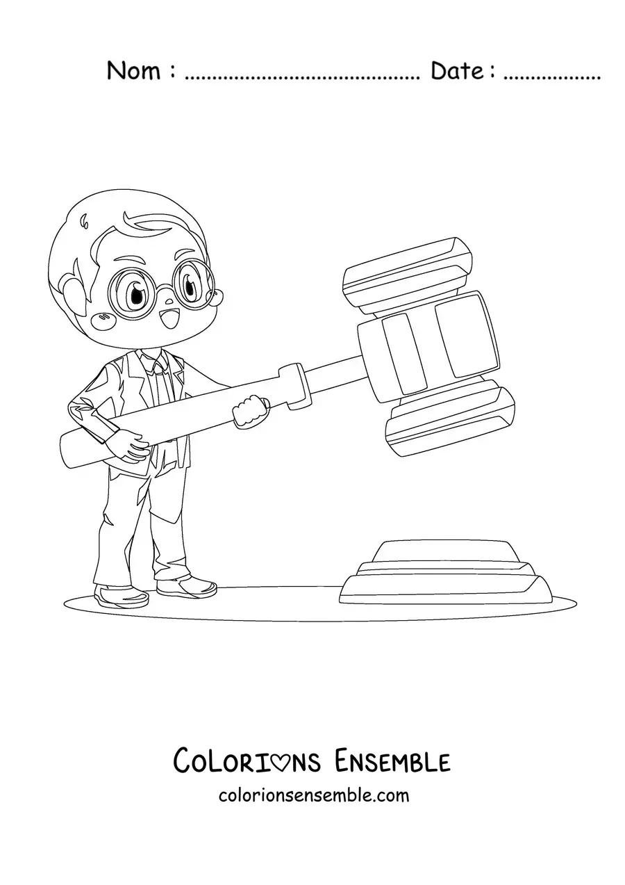 Image à colorier d'un avocat kawaii tenant un maillet géant