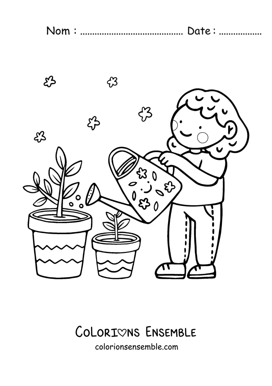Image à colorier d’une jolie fille arrosant ses plantes