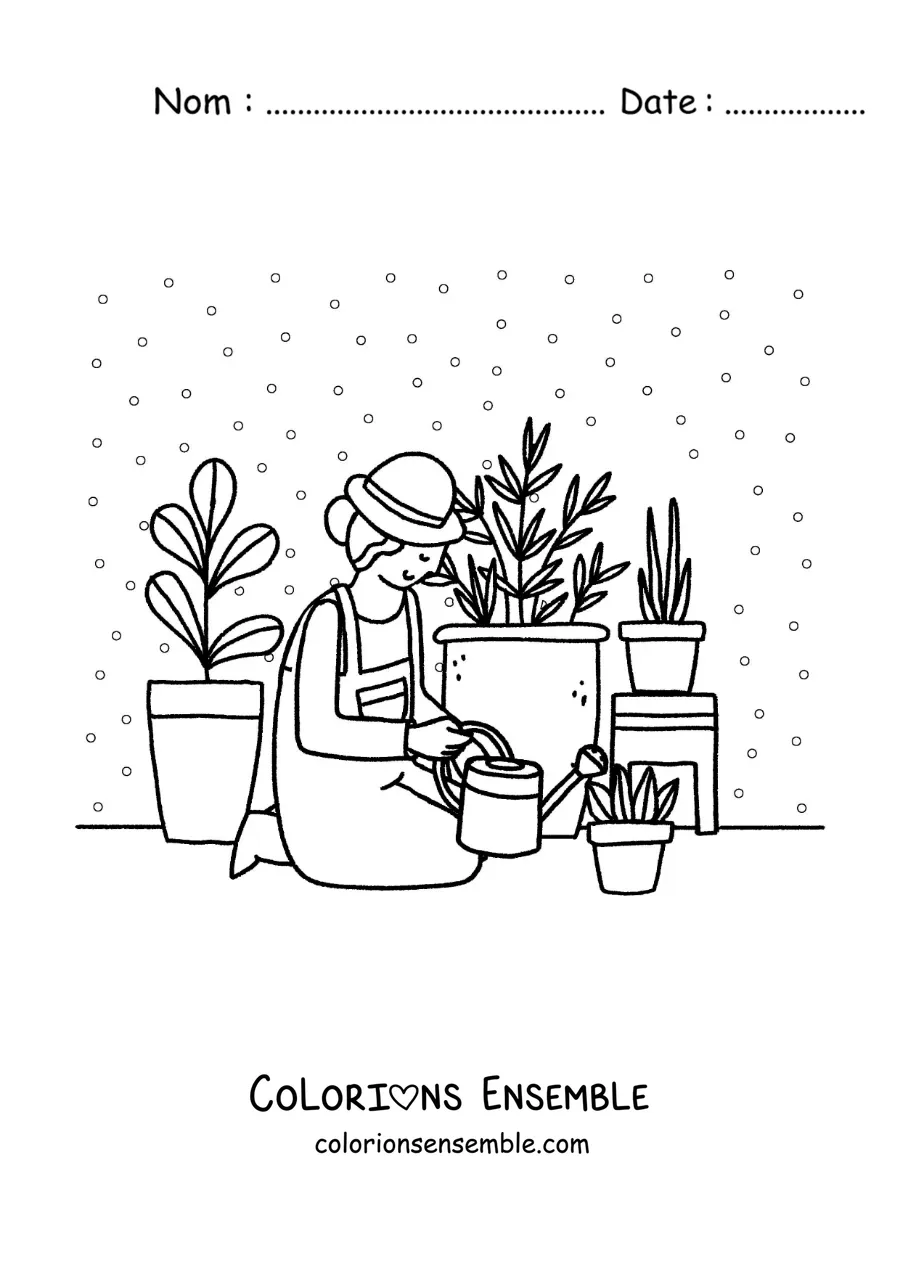 Image à colorier d’une fille arrosant ses plantes à la maison