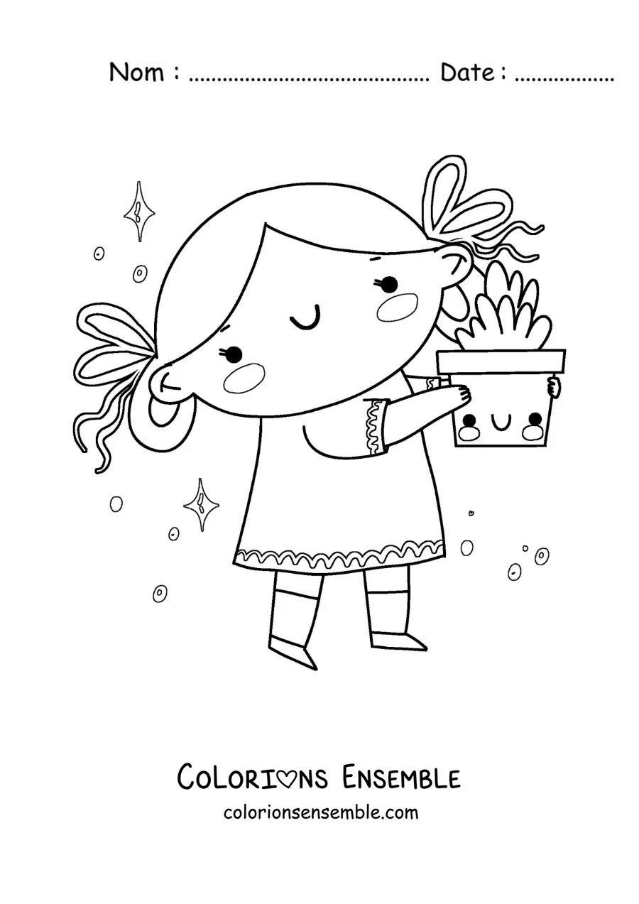 Image à colorier d’une fille avec une plante rigolote