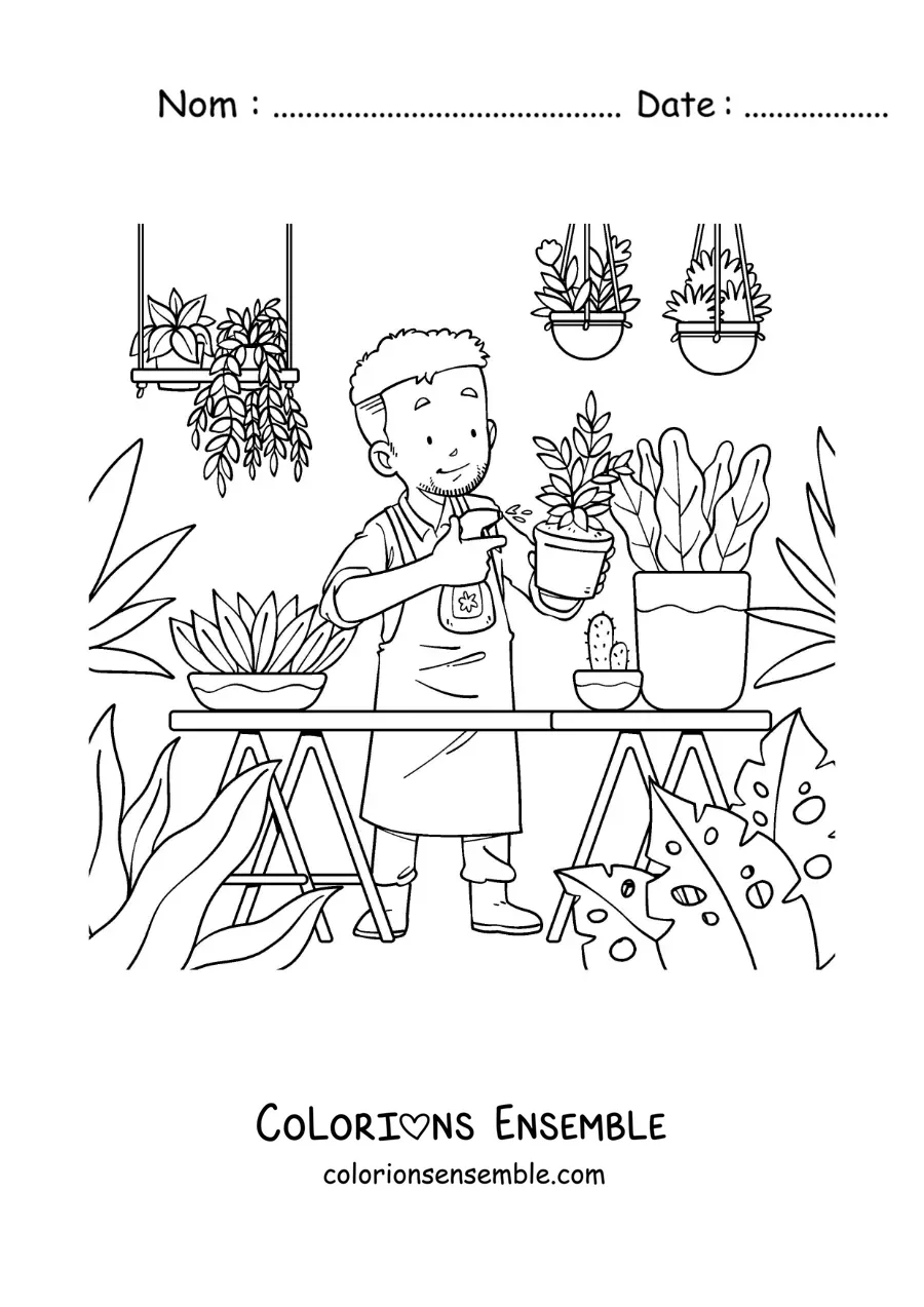 Image à colorier d’un homme arrosant ses plantes dans sa serre