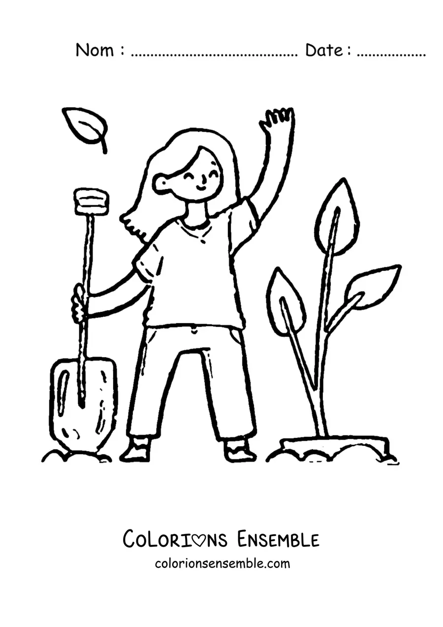 Image à colorier d’une fille repiquant une plante dans la terre