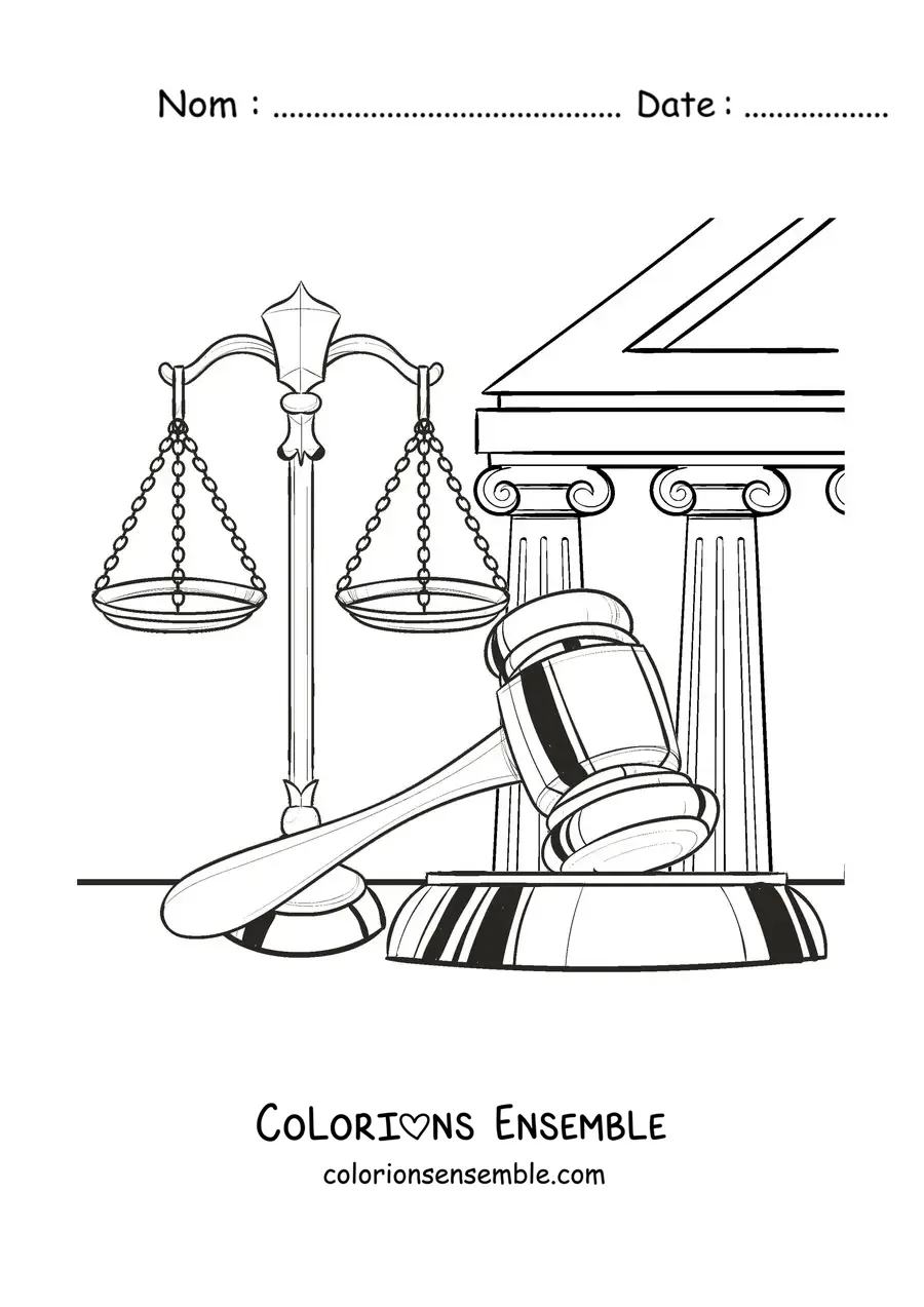Image à colorier d'une balance et d'un maillet, symboles de la justice