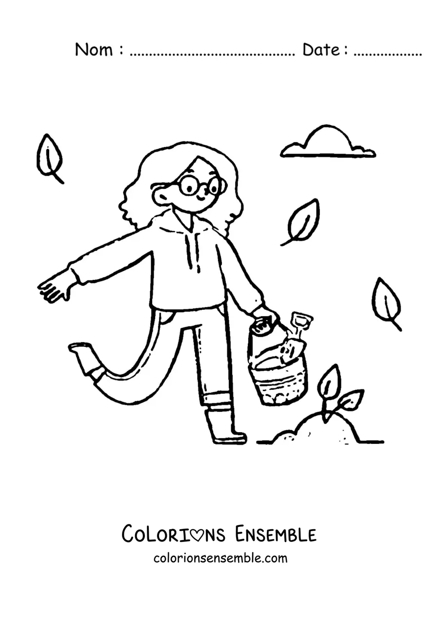 Image à colorier d’une fille prenant soin d’une pousse