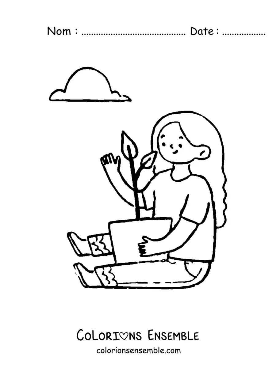 Image à colorier d’une fille serrant dans ses bras une plante en pot
