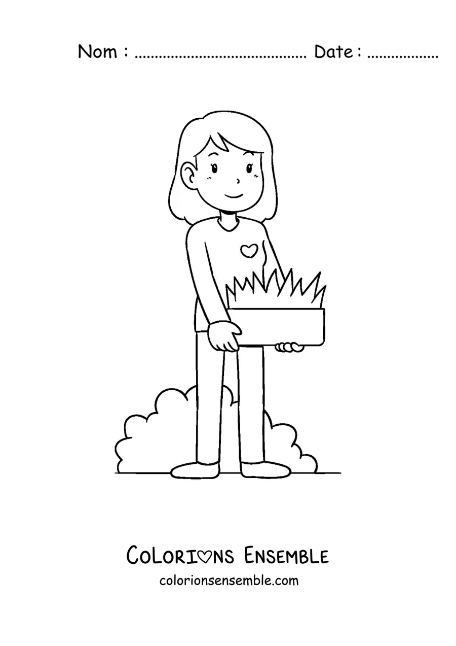 Image à colorier d’une fille s’occupant de son jardin