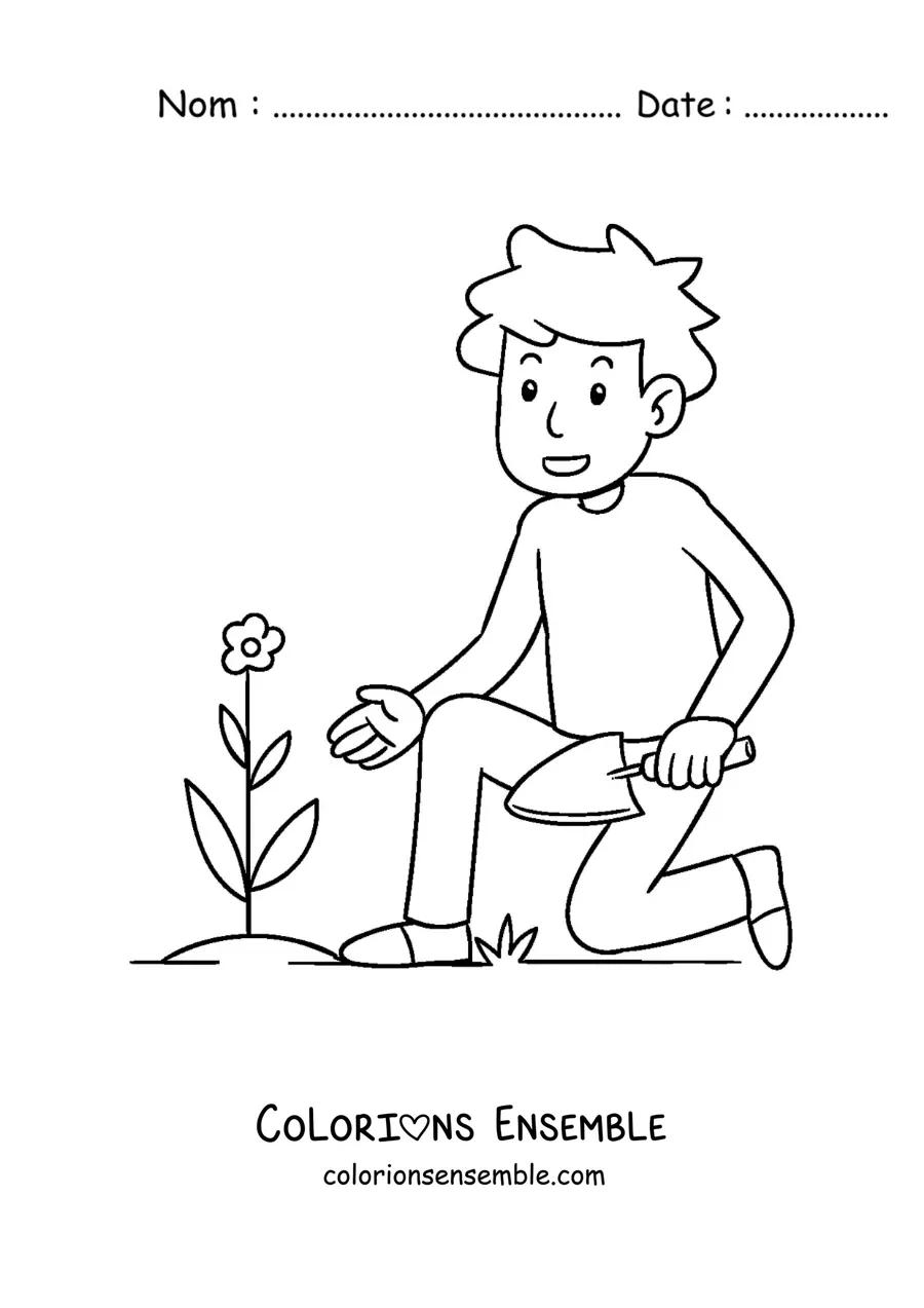 Image à colorier d’un jeune homme plantant une fleur